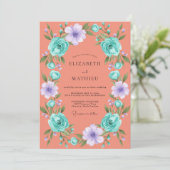 Koraal Serene Bloemenslingers Bruiloft Kaart (Staand voorkant)