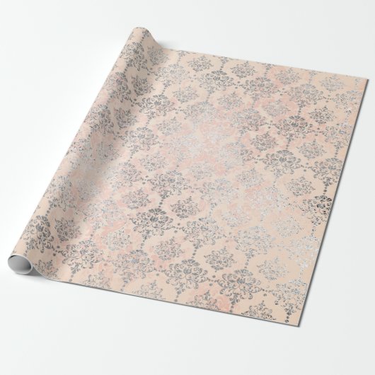 Koraal Silver Peach Grey Metallic Blush Damask Roz Cadeaupapier (Uitgerold)