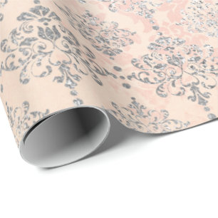 Koraal Silver Peach Grey Metallic Blush Damask Roz Cadeaupapier