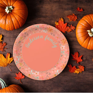 Koraal sinaasappel bloemige waterverf groene naam papieren bordje