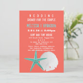 Koraal Sinaasappel en Blue Beach Shells Trouwdouch Kaart (Staand voorkant)