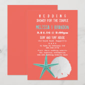 Koraal Sinaasappel en Blue Beach Shells Trouwdouch Kaart (Voorkant / Achterkant)