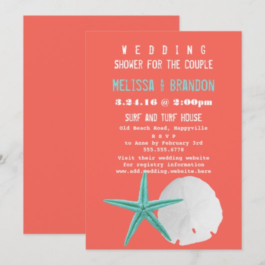 Koraal Sinaasappel en Blue Beach Shells Trouwdouch Kaart (Voorkant / Achterkant)