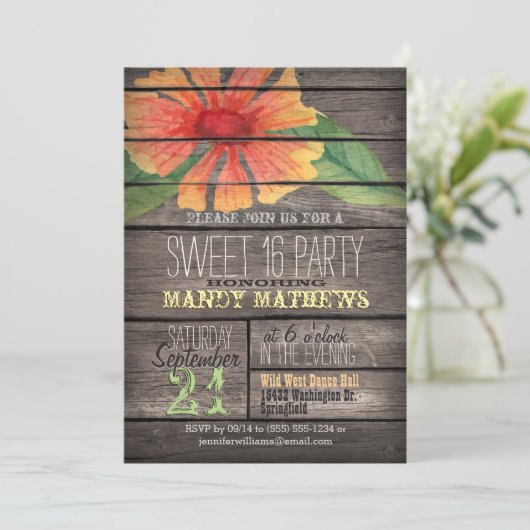 Koraal Sinaasappel Flower; Rustic Wood Sweet 16 Pa Kaart (Staand voorkant)