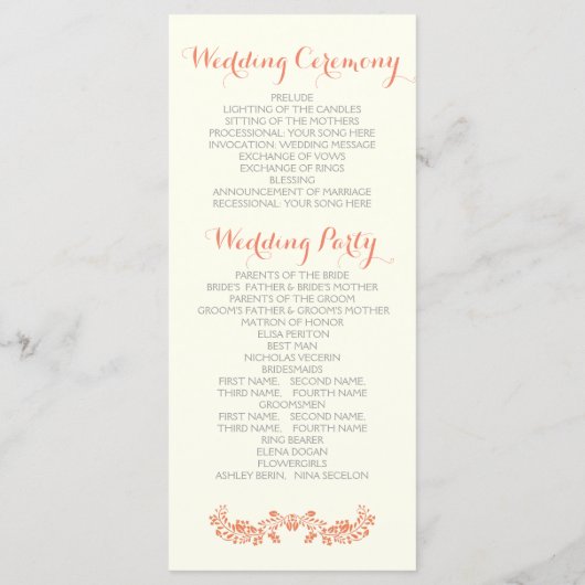 Koraal sinaasappel gebladerte lijst bruiloft progr programmakaart (Achterkant)