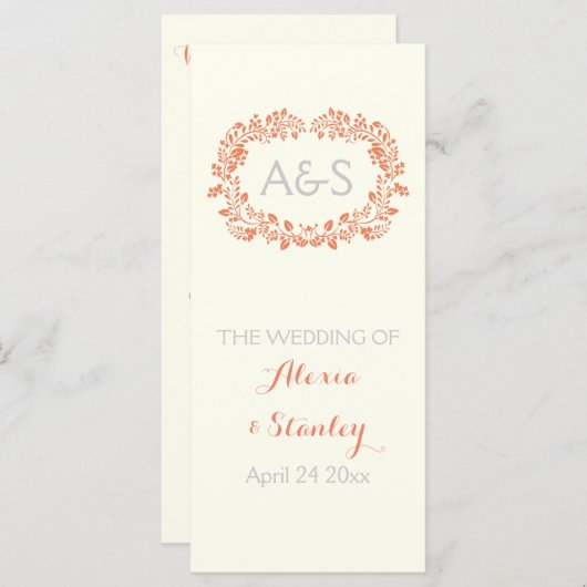 Koraal sinaasappel gebladerte lijst bruiloft progr programmakaart (Voorkant / Achterkant)