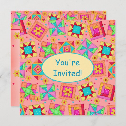 Koraal Sinaasappel Geel Patchwork Quilt Block Art Kaart (Voorkant / Achterkant)