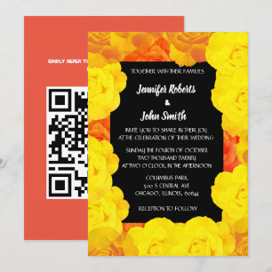 Koraal Sinaasappel Geel Zwart Bloemen QR Code Huwe Kaart