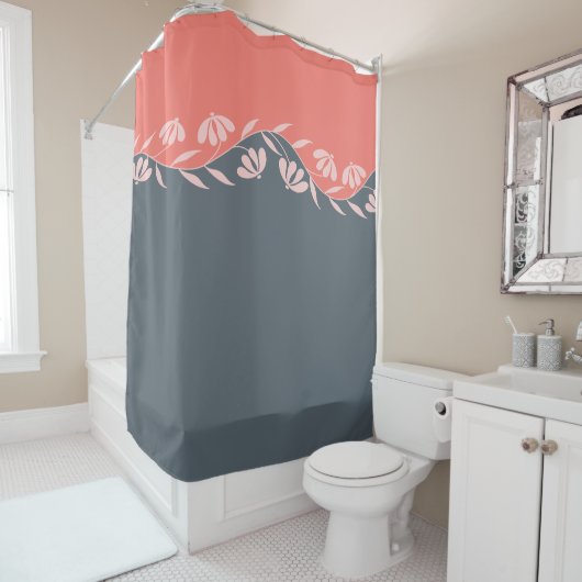 Koraal Sinaasappel Perzik Grijs Bloemen Douchegordijn (In situ)