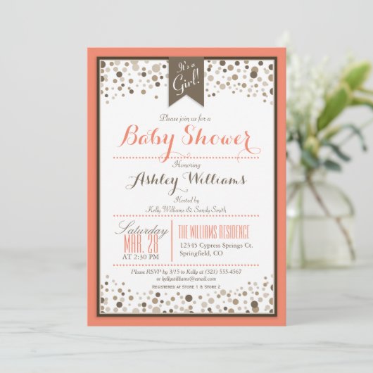 Koraal Sinaasappel, wit en Taupe Modern Baby showe Kaart (Staand voorkant)