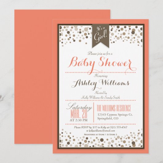 Koraal Sinaasappel, wit en Taupe Modern Baby showe Kaart (Voorkant / Achterkant)