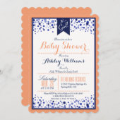 Koraal Sinaasappel, Wit, & Navy Blue Baby shower Kaart (Voorkant / Achterkant)