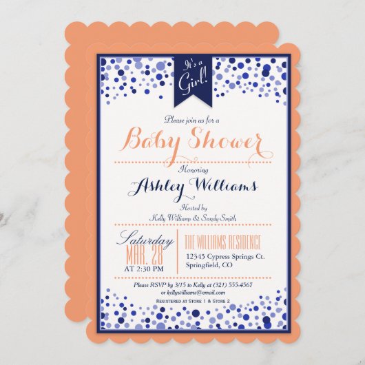 Koraal Sinaasappel, Wit, & Navy Blue Baby shower Kaart (Voorkant / Achterkant)