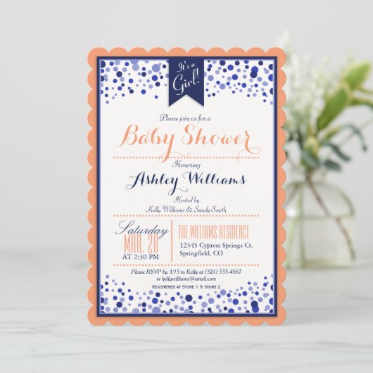 Koraal Sinaasappel, Wit, & Navy Blue Baby shower Kaart (Staand voorkant)