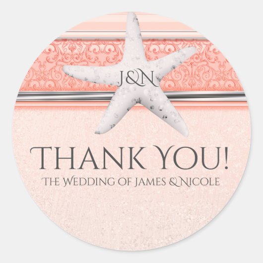 Koraal Sinaasappel & Wit Zeester Strand Bruiloft F Ronde Sticker (Voorkant)