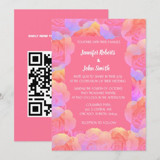 Koraal Sinaasappel Zalm Roze Bloemen QR Code Huwel Kaart (Voorkant / Achterkant)