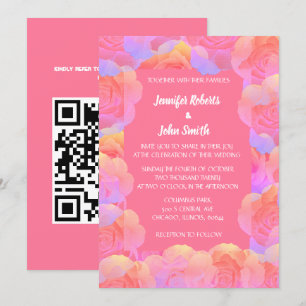 Koraal Sinaasappel Zalm Roze Bloemen QR Code Huwel Kaart