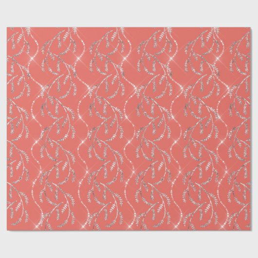 Koraal Snoep Vonk Laurel Floral Silver Diamonds Cadeaupapier (Vlak)