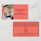 Koraal - speciaal voor kinderen bestemde allergie visitekaartje (Voorkant / Achterkant)