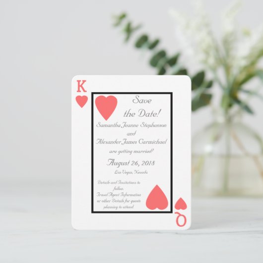 Koraal speelkaart Koning/Koningin save the date (Staand voorkant)