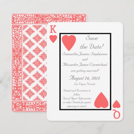 Koraal speelkaart Koning/Koningin save the date (Voorkant / Achterkant)