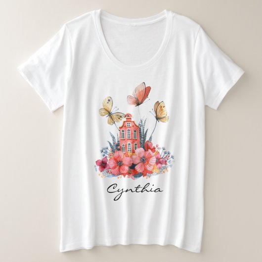 Koraal Sprookjeshuis Bloemen & Vlinders Grote Maat T-shirt (Design voorkant)