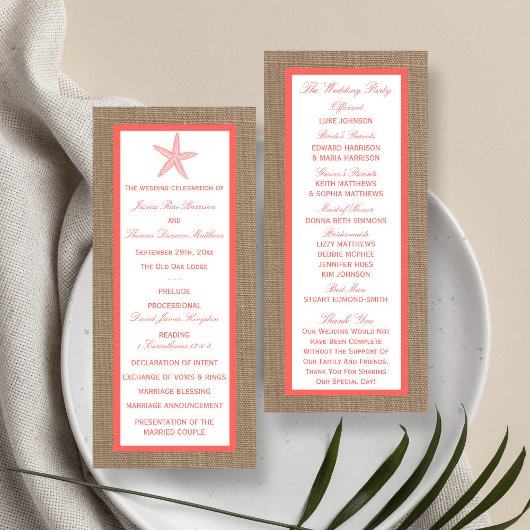 Koraal Starfish Burlap Beach Wedding Program Reclamekaart