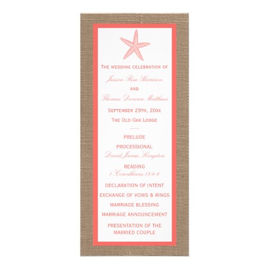 Koraal Starfish Burlap Beach Wedding Program Reclamekaart (Voorkant)