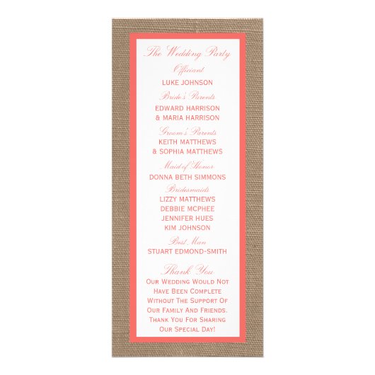 Koraal Starfish Burlap Beach Wedding Program Reclamekaart (Achterkant)