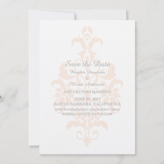 Koraal Subtle Damask Save the Date Uitnodiging (Voorkant)