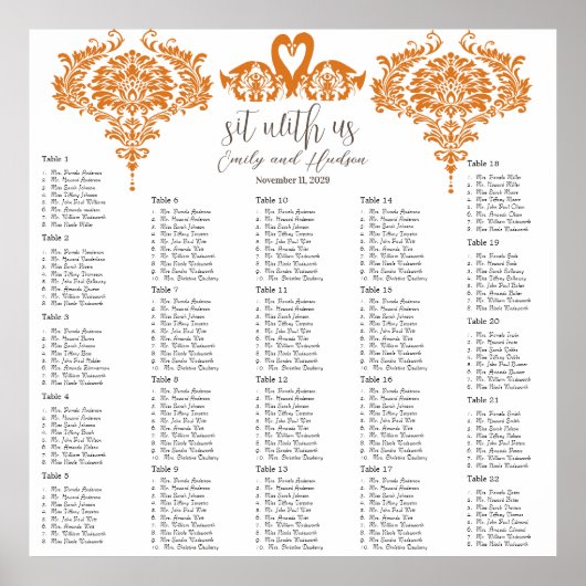 Koraal Swan Lovebird Damask Seating Chart Poster (Voorkant)