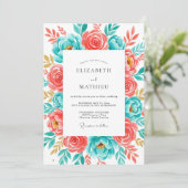 Koraal Teal Botanische Bliss Bruiloft Kaart (Staand voorkant)