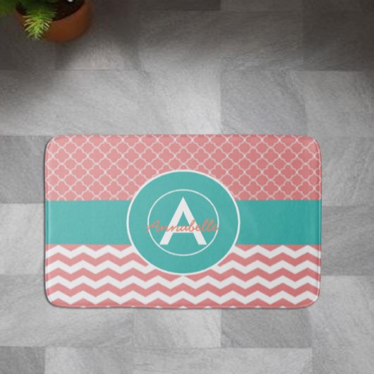 Koraal Teal Chevron Vierblad Badmat