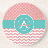 Koraal Teal Chevron Vierblad Zandsteen Onderzetter (Voorkant)