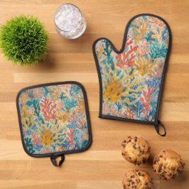 Koraal Teal Geel Oranje Strand Ovenwant & Pannenlap Set