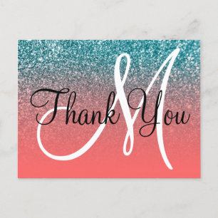 Koraal Teal Ombre Glitter Monogram Bedankt Briefkaart
