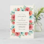 Koraal Teal Ranunculus Eucalyptus Bruiloft Kaart (Staand voorkant)