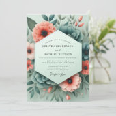 Koraal Teal Sombere Flora Bruiloft Kaart (Staand voorkant)