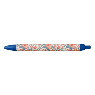 Koraal & Teal Tuinbloemen op Zachte Beige Blauwe Inkt Pen