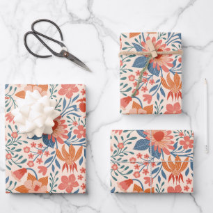 Koraal & Teal Tuinbloemen op Zachte Beige Inpakpapier Vel