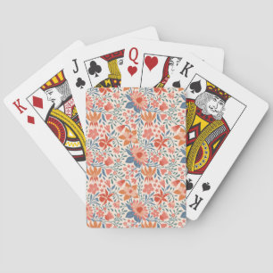 Koraal & Teal Tuinbloemen op Zachte Beige Pokerkaarten
