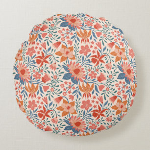Koraal & Teal Tuinbloemen op Zachte Beige Rond Kussen