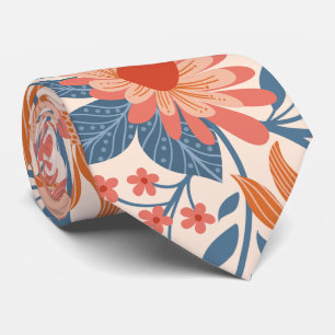Koraal & Teal Tuinbloemen op Zachte Beige Stropdas