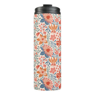 Koraal & Teal Tuinbloemen op Zachte Beige Thermosbeker