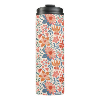 Koraal & Teal Tuinbloemen op Zachte Beige Thermosbeker