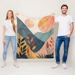 Koraal Teal Tweelingzonnen Boho Berglandschap Fleece Deken