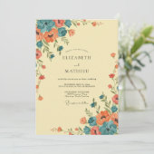 Koraal Teal Wilde Bloemen Bruiloft Kaart (Staand voorkant)