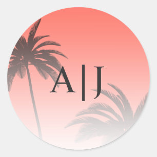 Koraal Tropisch palmboom Beach Monogram Weddenscha Ronde Sticker