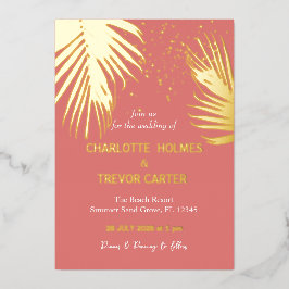 Koraal Tropische Palmen Zomer Strand Bruiloft Goud Folie Uitnodiging
