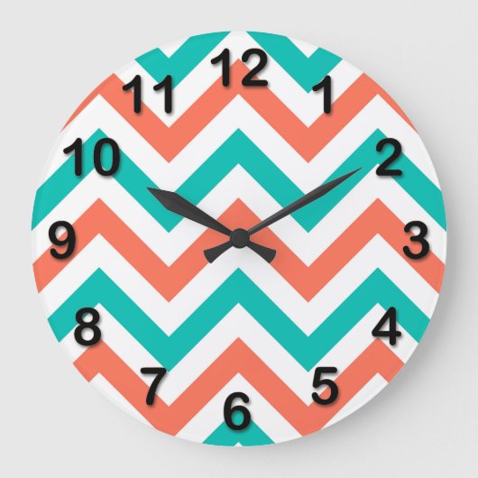 Koraal, Turkoois, Wit Groot Chevron ZigZag Patroon Grote Klok (Voorkant)